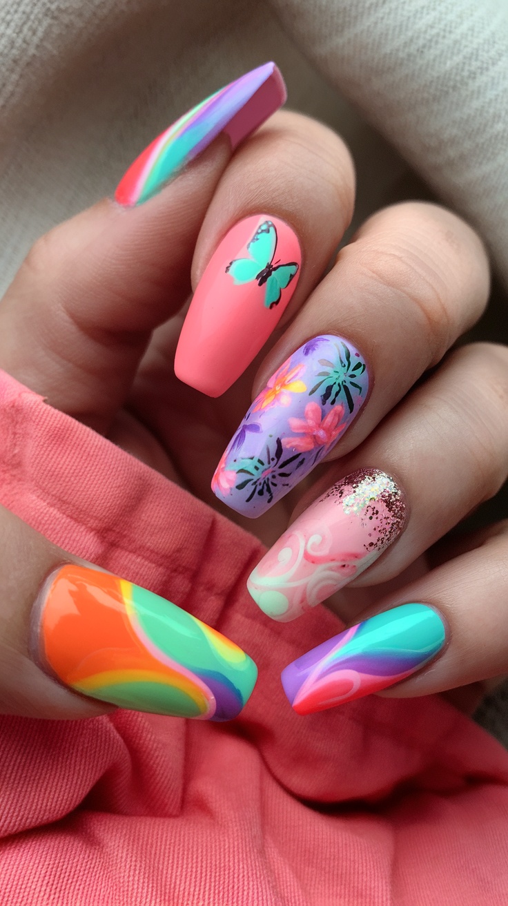 15 Trendy Summer Nail Ideas 2 A hand with vibrant neon nail designs featuring pink, orange, and green colors, along with floral patterns and glitter.