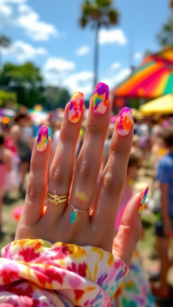 15 Trendy Summer Nail Ideas 8 Colorful tie-dye nails with various designs showcasing a summer vibe.