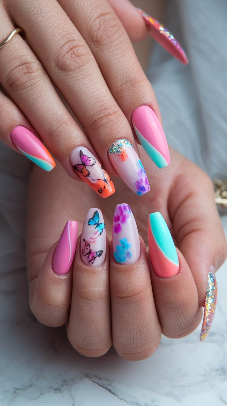 15 Trendy Summer Nail Ideas 6 Close-up of hands with minimalist pastel nail designs featuring butterflies and floral patterns