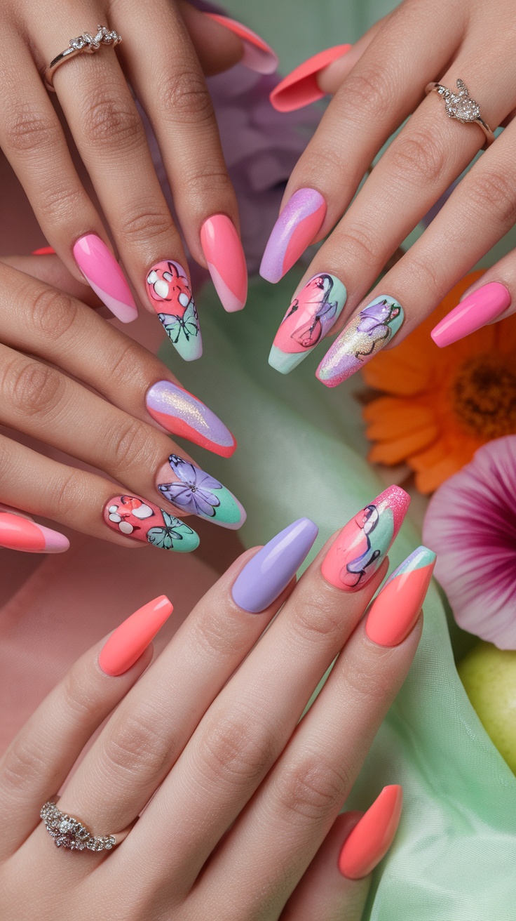 15 Trendy Summer Nail Ideas 5 Colorful fruit-themed nail art in vibrant shades of pink, purple, and green, featuring designs of strawberries and butterflies.