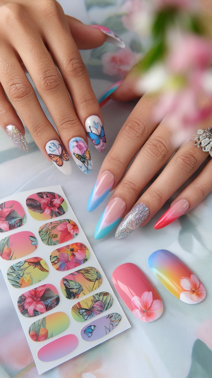 15 Trendy Summer Nail Ideas 9 Colorful summer nail designs featuring floral patterns and butterflies with nail stickers.