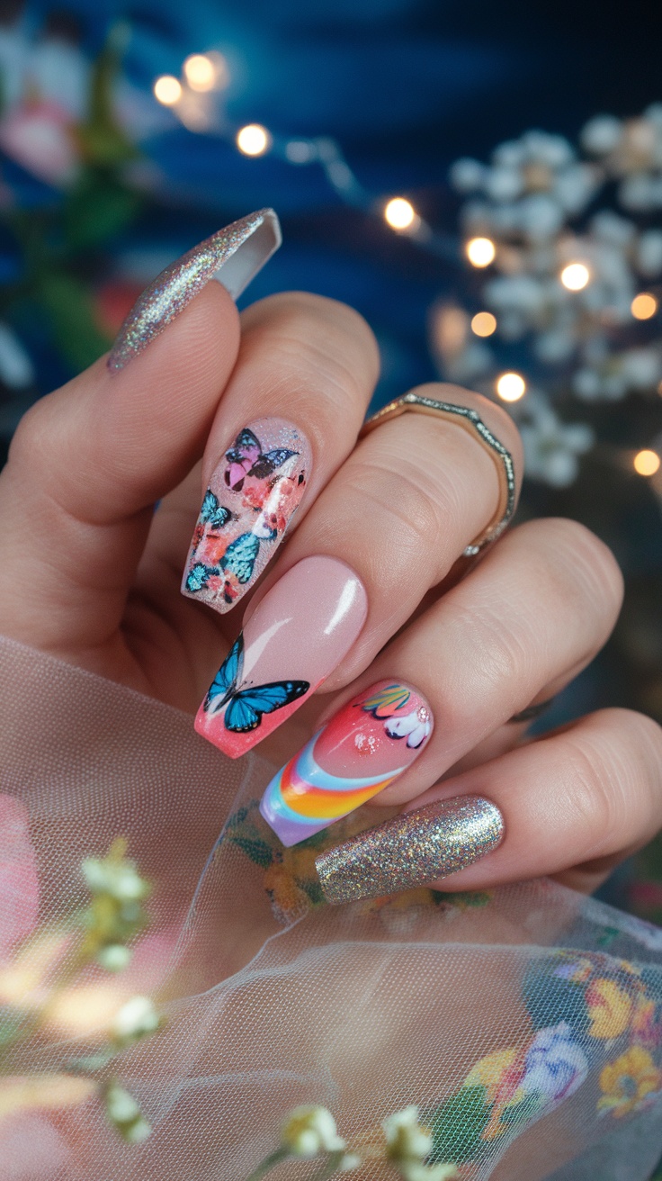 15 Trendy Summer Nail Ideas 10 A close-up of hands with beautifully designed nails featuring glitter, butterflies, and colorful patterns.
