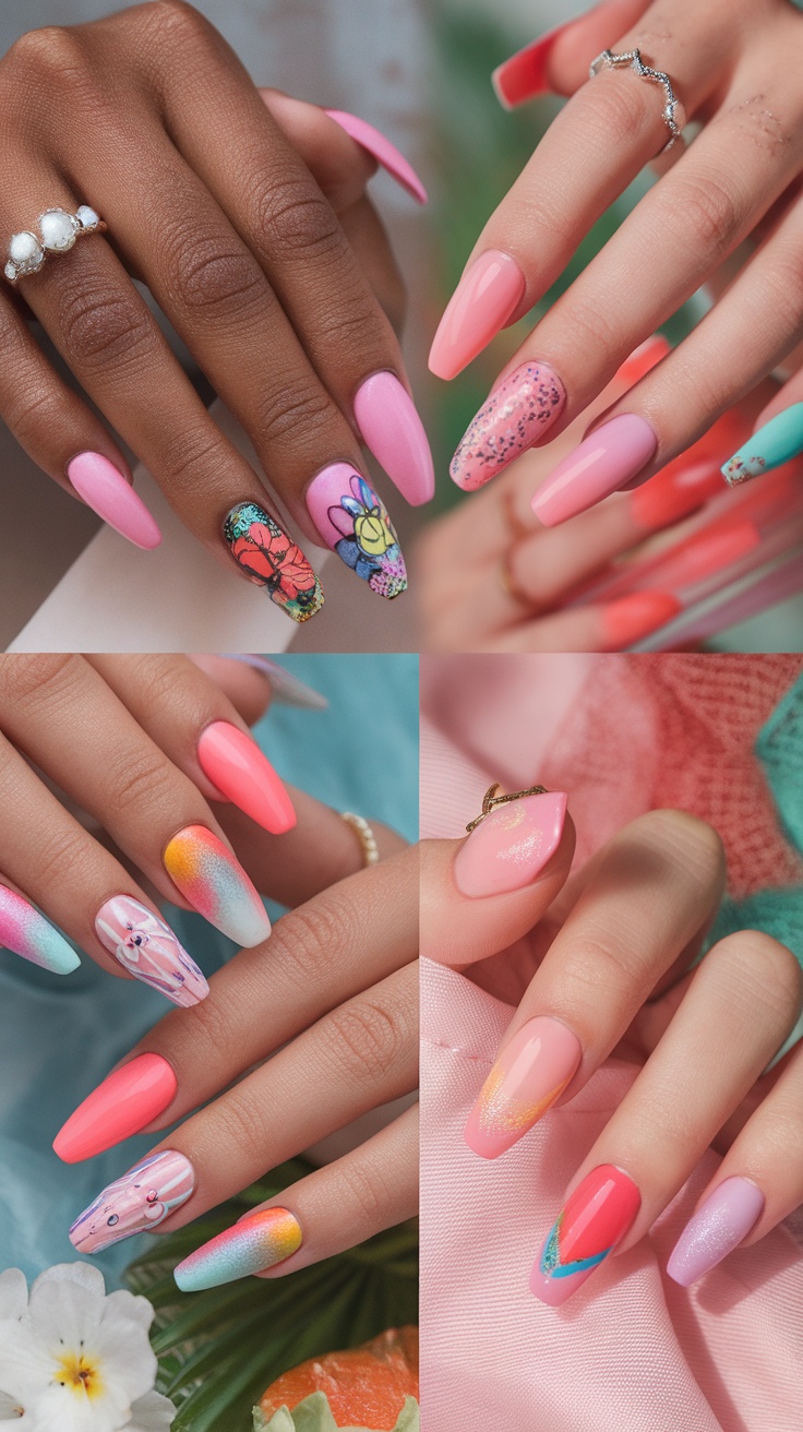 15 Trendy Summer Nail Ideas 12 A vibrant collection of summer nails featuring textured designs with sand and shell accents.