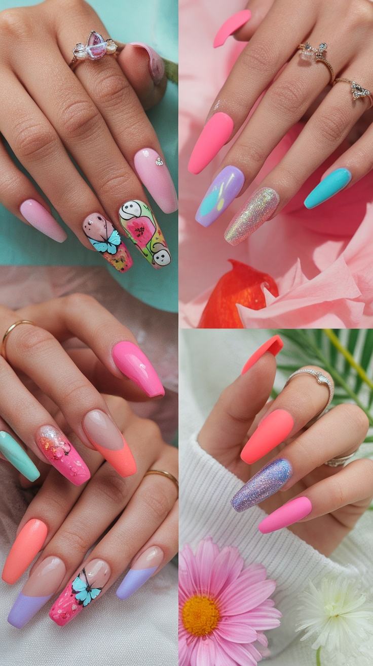 15 Trendy Summer Nail Ideas 13 A collage of colorful ombre nail designs showcasing gradient effects, featuring various styles and patterns.