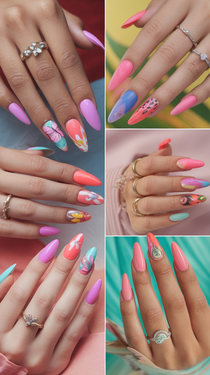 15 Trendy Summer Nail Ideas 14 A collage of summer nails featuring vibrant colors and animal print patterns, showcasing a fun and playful summer style.