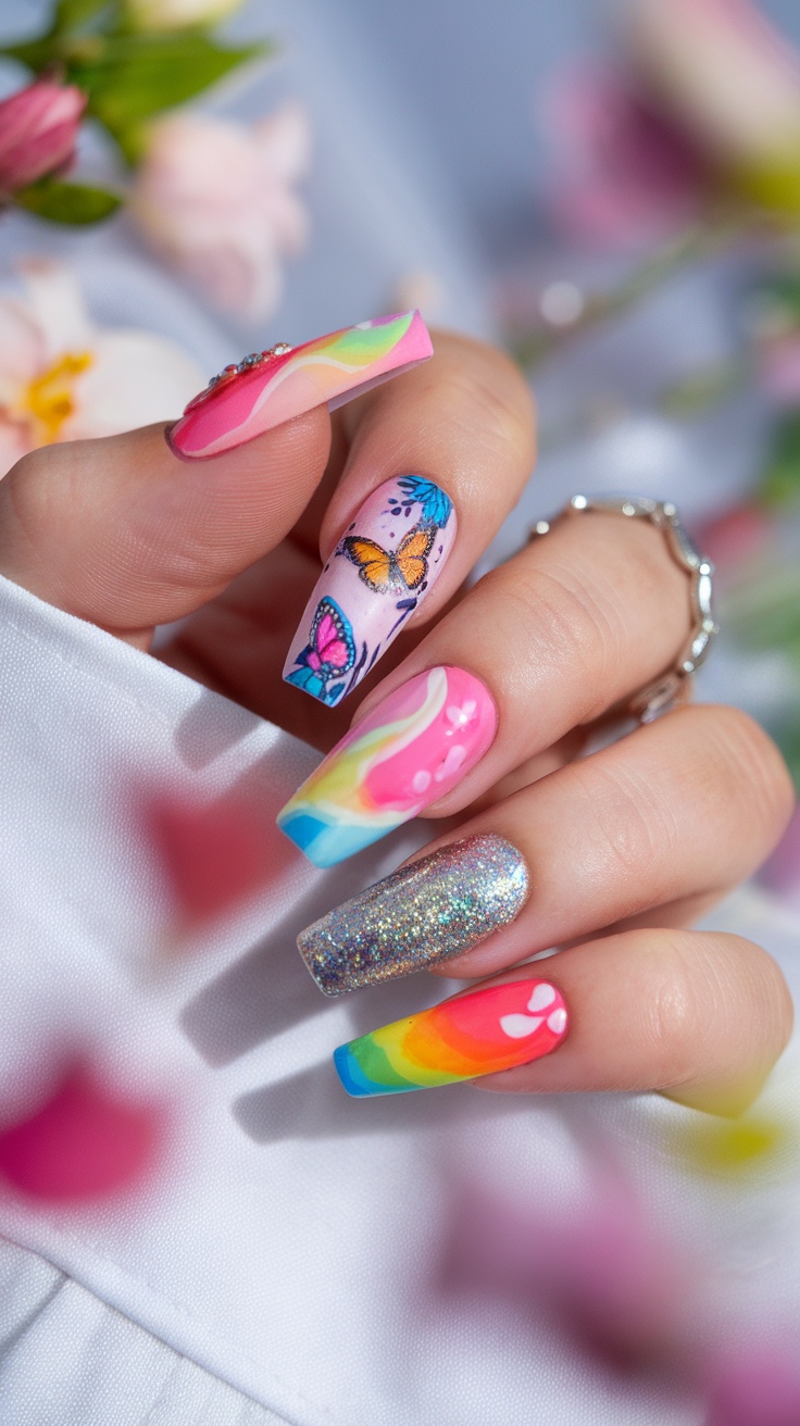 15 Trendy Summer Nail Ideas 11 Colorful nails with metallic finishes featuring butterflies and floral patterns.