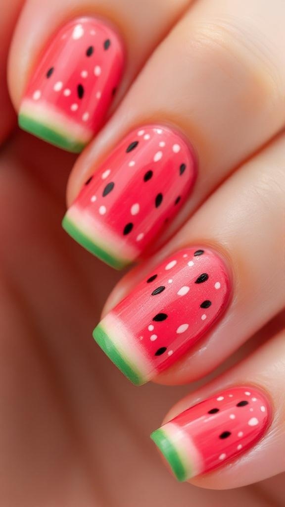 20 Fruit Nails – Vibrant Trending Nail Designs For 12 Close-up of hands showing watermelon nail art with gold rings