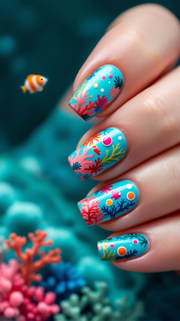 20 Stunning July Nail Designs | Must Try This Summer 15 Close-up of coral reef nail art featuring bright coral and teal colors with intricate designs.