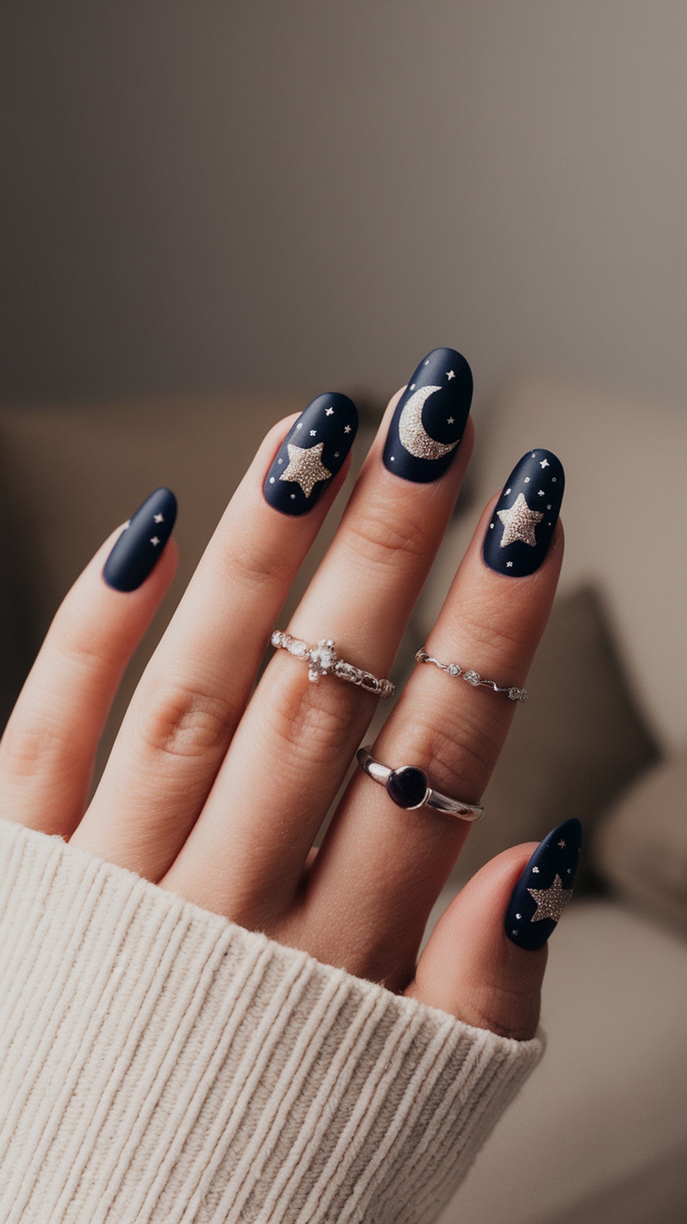 20 Stunning July Nail Designs | Must Try This Summer 12 Navy blue nails with star and moon designs