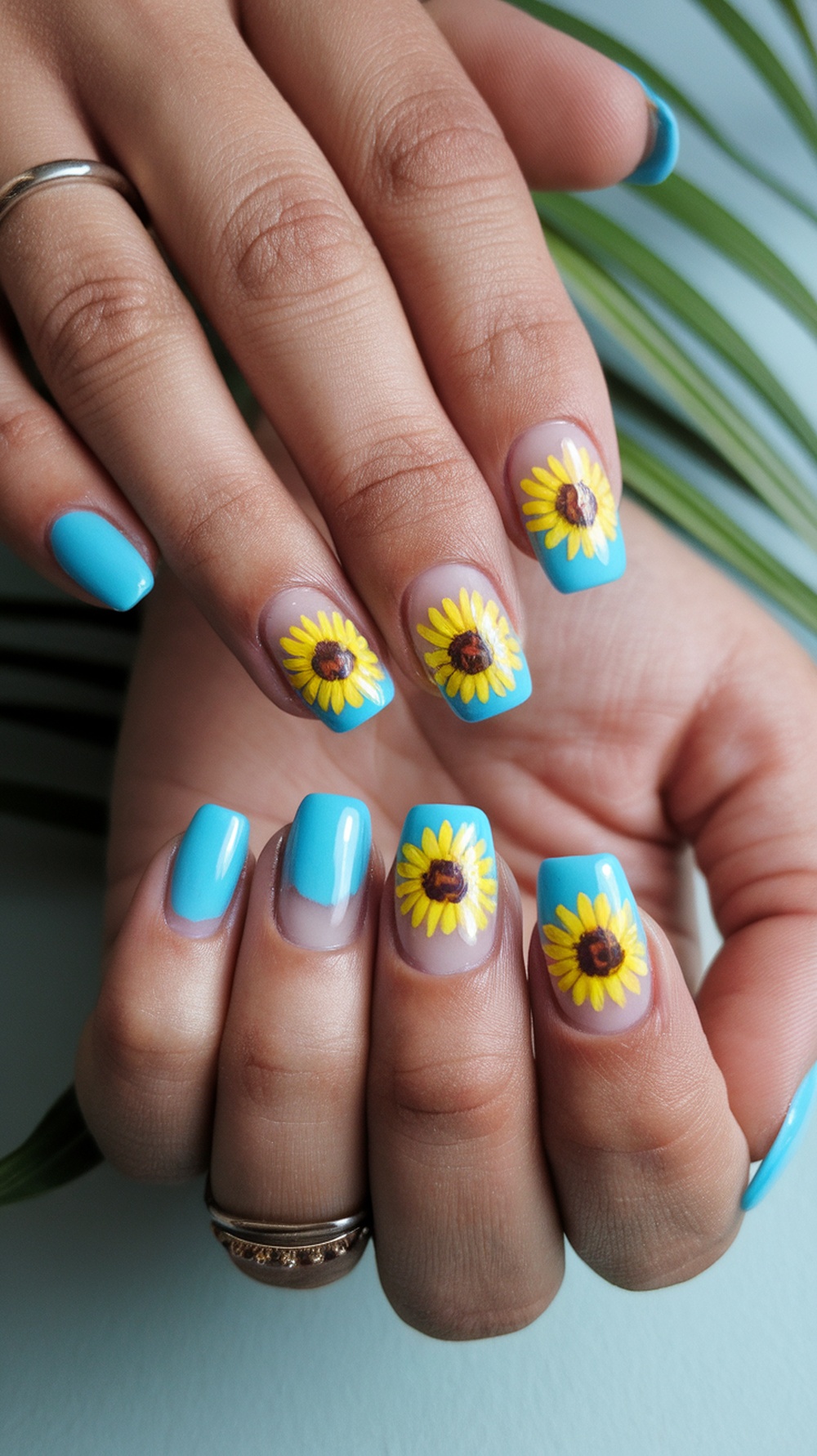 20 Stunning July Nail Designs | Must Try This Summer 16 Nail design featuring vibrant sunflowers on a blue background.