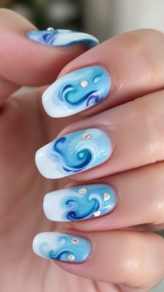 20 Stunning July Nail Designs | Must Try This Summer 11 Nail art featuring blue waves and a seashell design