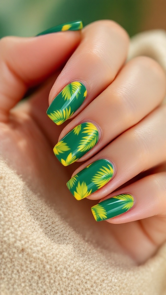 20 Stunning July Nail Designs | Must Try This Summer 9 Close-up of hands with tropical palm leaf nail designs in green and yellow.