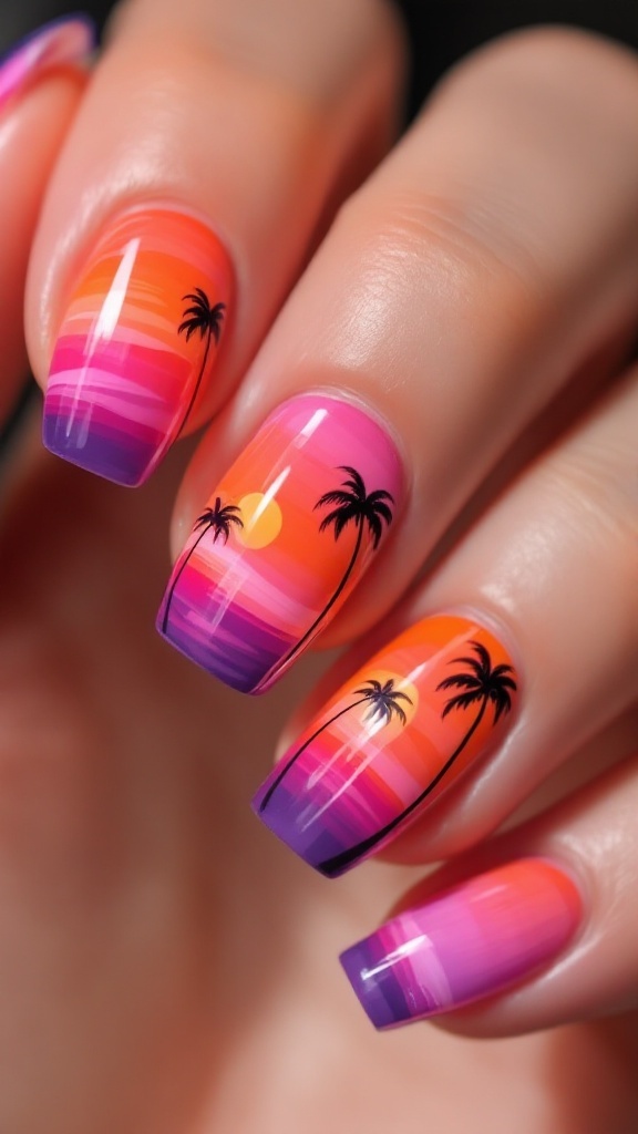 20 Stunning July Nail Designs | Must Try This Summer 14 Vibrant sunset ombre nails with palm tree designs in orange, pink, and purple shades.