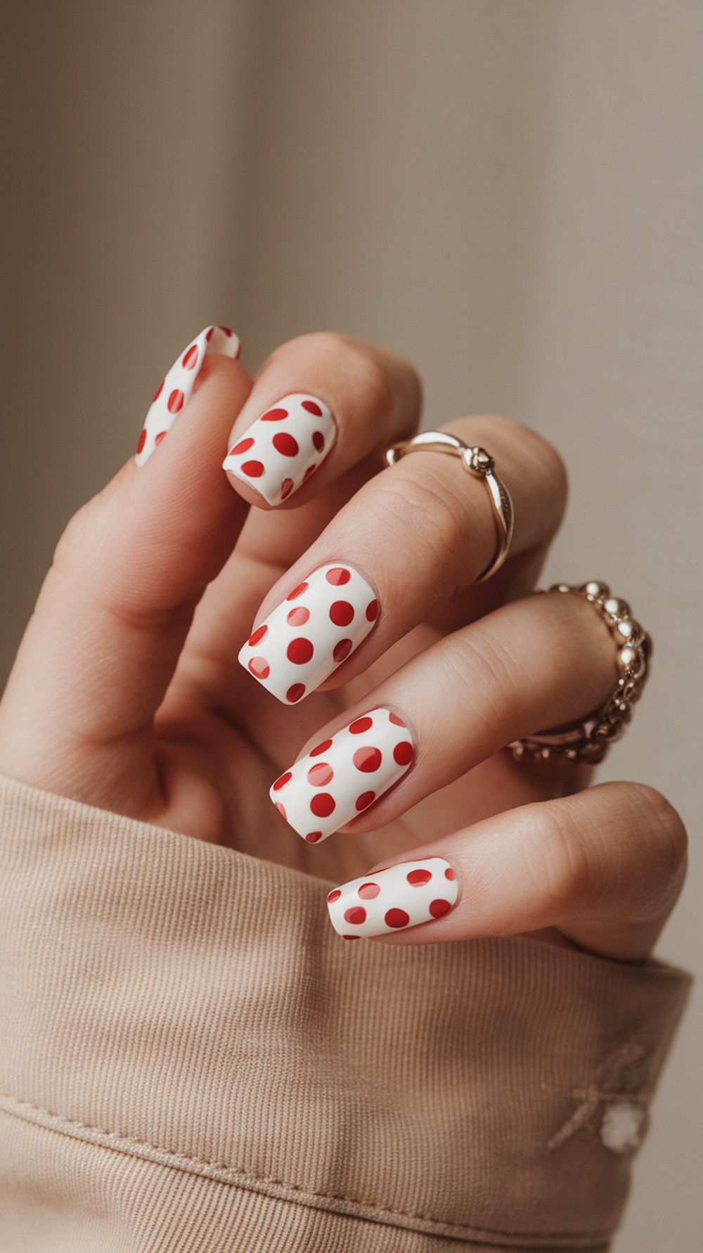 20 Stunning July Nail Designs | Must Try This Summer 8 A hand with polka dot nails featuring a white base and red dots, showcasing a playful summer look.