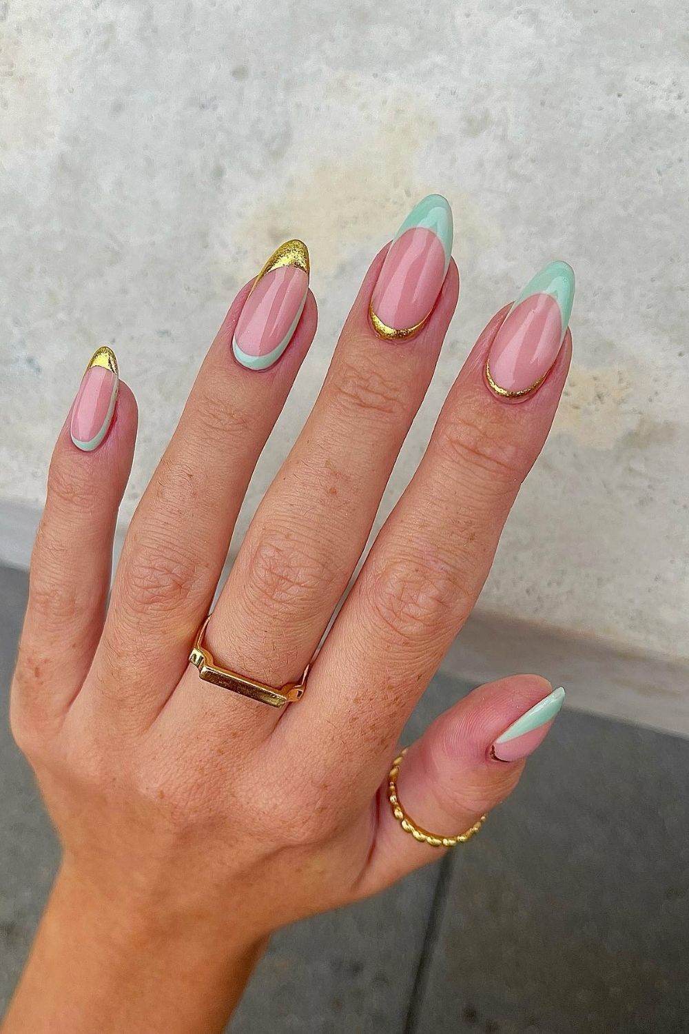 55 Trendy Summer Almond Nails Designs | Must Try In 3 Mint and Gold Glam
