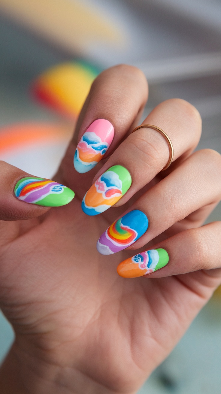 15 Summer Nail Ideas to Brighten Your Look For 5 Colorful summer nails with beach-inspired designs in pink, green, blue, and orange.