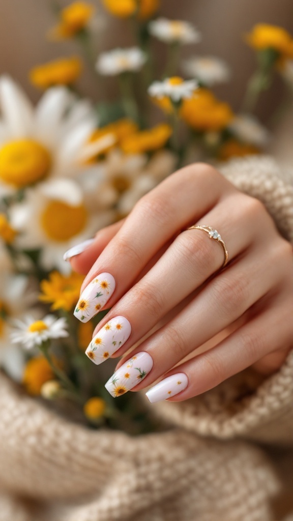 19 Simple Summer Nail Designs Best to Try in 11 A hand displaying beautifully manicured nails with floral art against a background of flowers.