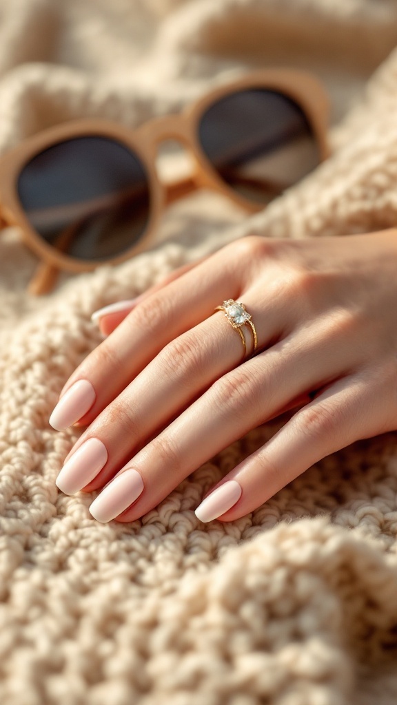 19 Simple Summer Nail Designs Best to Try in 19 Close-up of a hand with matte nude nails, resting on a cozy fabric, with sunglasses in the background.