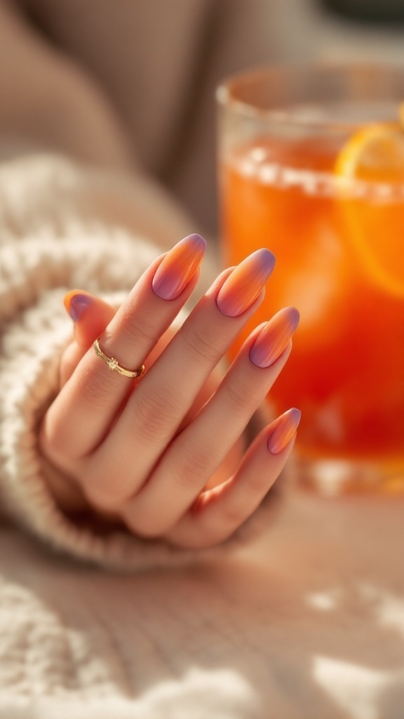 19 Simple Summer Nail Designs Best to Try in 8 A hand with sunset gradient nails in orange and purple tones, holding a glass of iced tea with lemon slices.