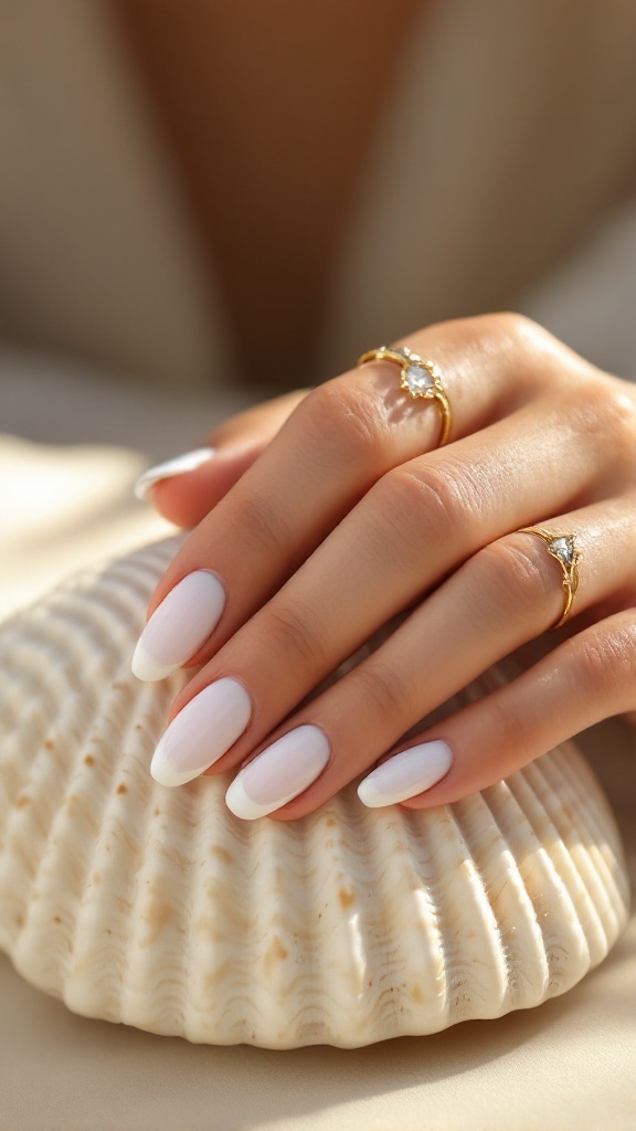 19 Simple Summer Nail Designs Best to Try in 5 Close-up of hands with minimalist white tip nails resting on a textured shell