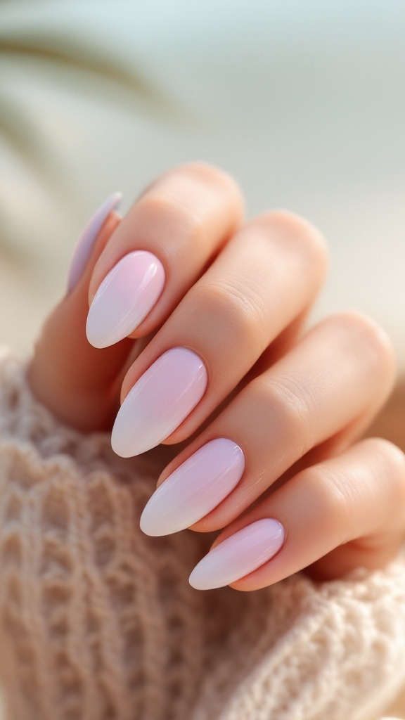 19 Simple Summer Nail Designs Best to Try in 12 A hand displaying pastel ombre nails, transitioning from light pink to white.
