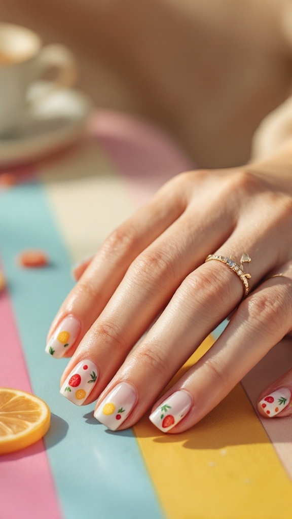 19 Simple Summer Nail Designs Best to Try in 13 Nails with fruit slice designs on a colorful table.