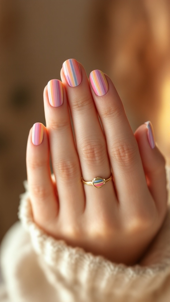 19 Simple Summer Nail Designs Best to Try in 14 A hand with rainbow striped nails showcasing pastel colors
