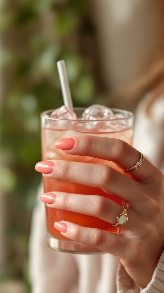 19 Simple Summer Nail Designs Best to Try in 15 A close-up of a hand with bright coral nails holding a drink with ice.