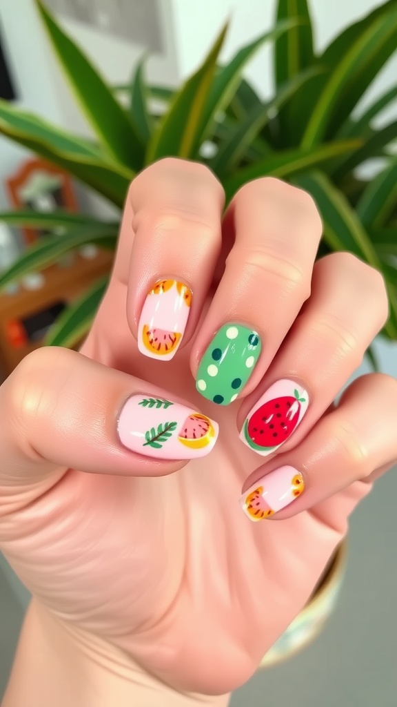 19 Simple Summer Nail Designs Best to Try in 10 Nails with tropical fruit designs, featuring pineapples and cherries, against a neutral background.