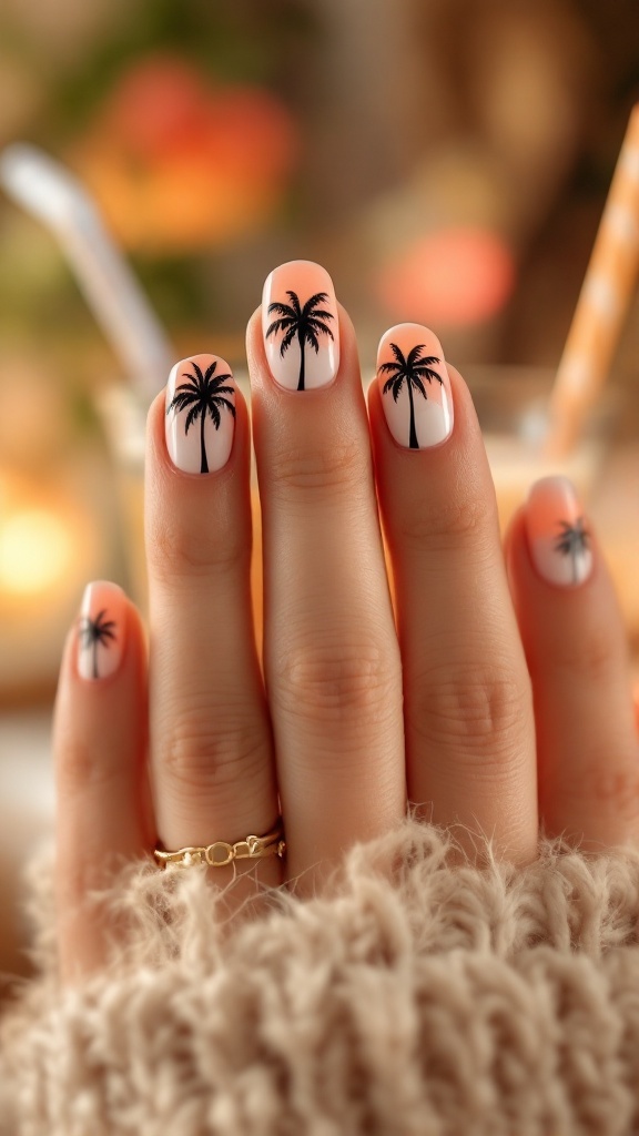 19 Simple Summer Nail Designs Best to Try in 16 Close-up of hands with palm tree silhouette nail art on a neutral background