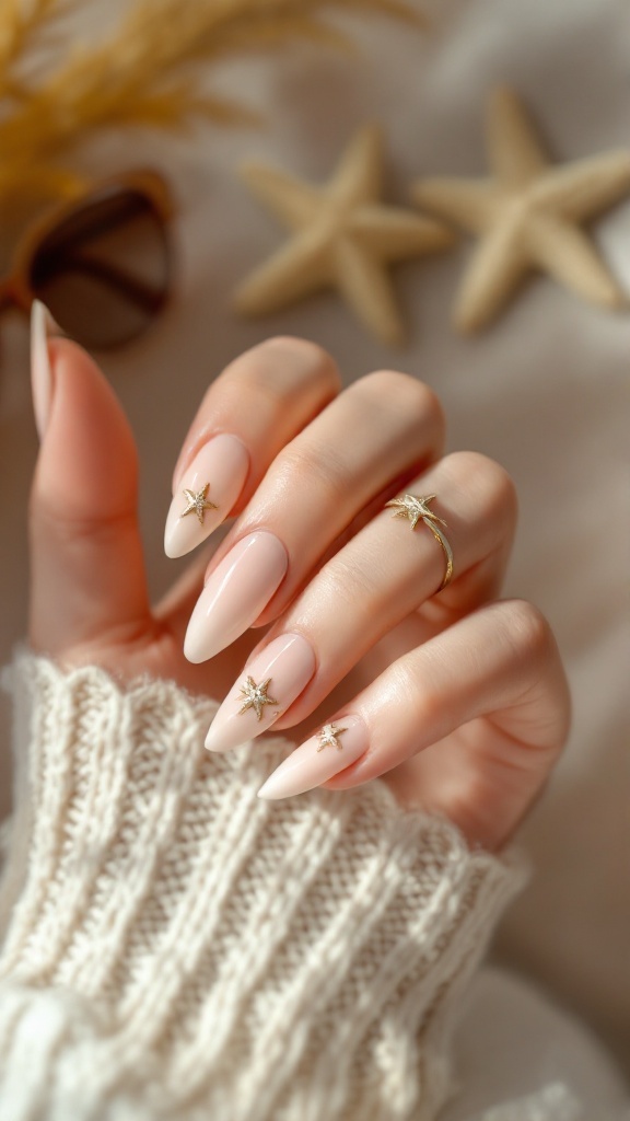 19 Simple Summer Nail Designs Best to Try in 17 Nails painted in nude color with gold starfish designs, resting on a light-colored surface with starfish and a cozy sweater in the background.