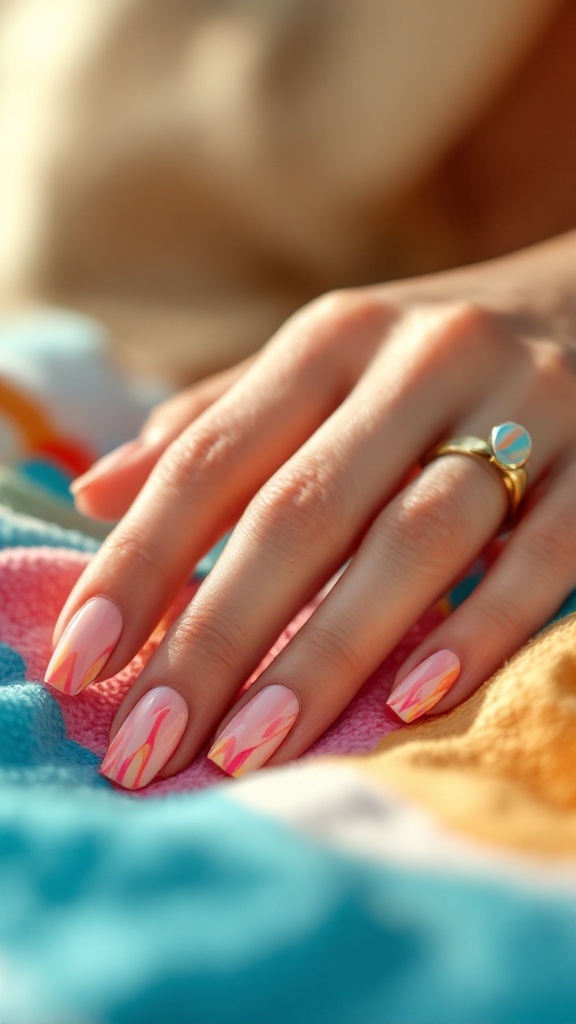 19 Simple Summer Nail Designs Best to Try in 18 Close-up of colorful marble effect nails with pink, orange, and yellow designs.