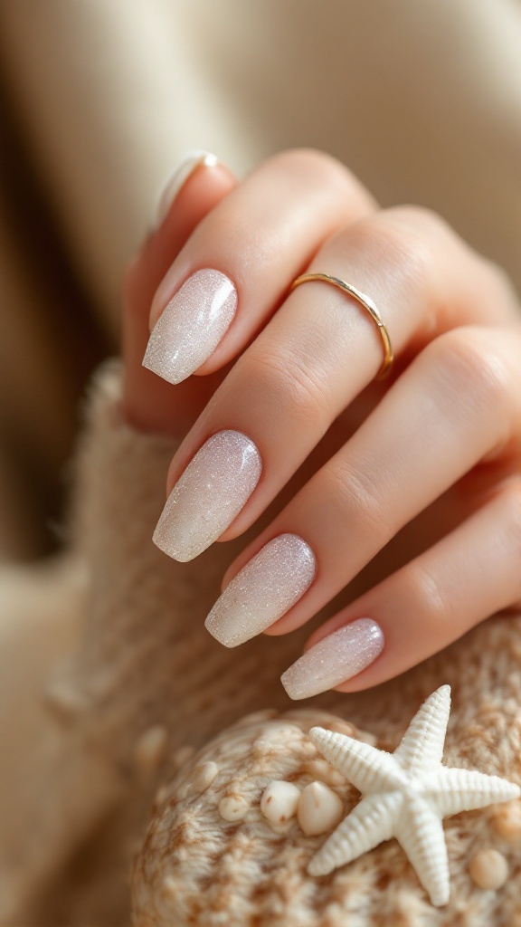 19 Simple Summer Nail Designs Best to Try in 9 A hand with glittery sand effect nails, showcasing a soft shimmer over a nude base.